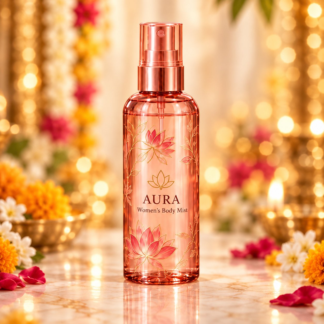 AURA Women's Body Mist — rose-gold transparent bottle with lotus design