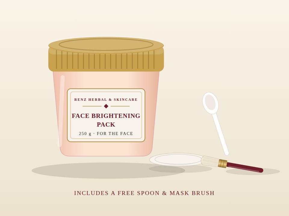 Face Brightening Pack — peach-pink 250 g jar with a saffron-gold lid, a free spoon and a mask brush