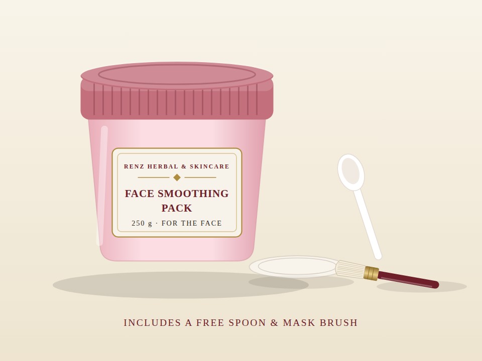 Face Smoothing Pack — soft pink 250 g jar with a dusty-rose lid, a free spoon and a mask brush