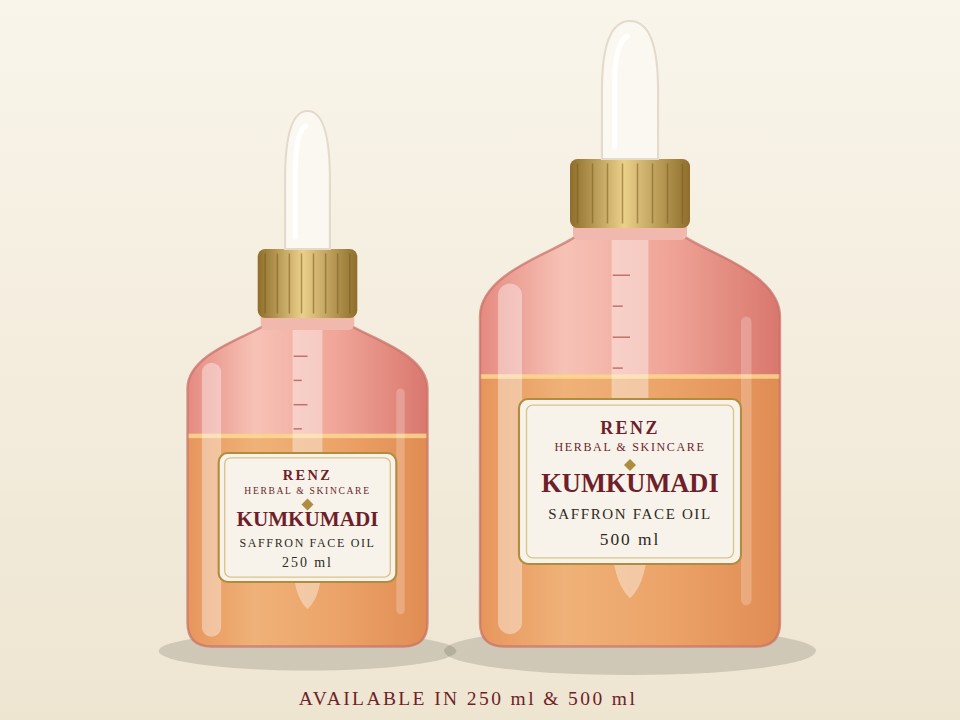 Kumkumadi Saffron Face Oil — rose glass dropper bottles with gold collars, in 250 ml and 500 ml sizes