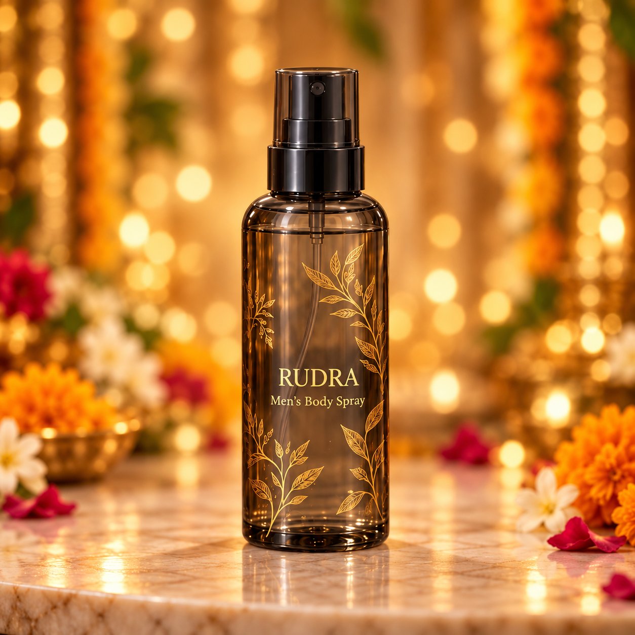 RUDRA Men's Body Spray — smoky black transparent bottle with gold leaf design