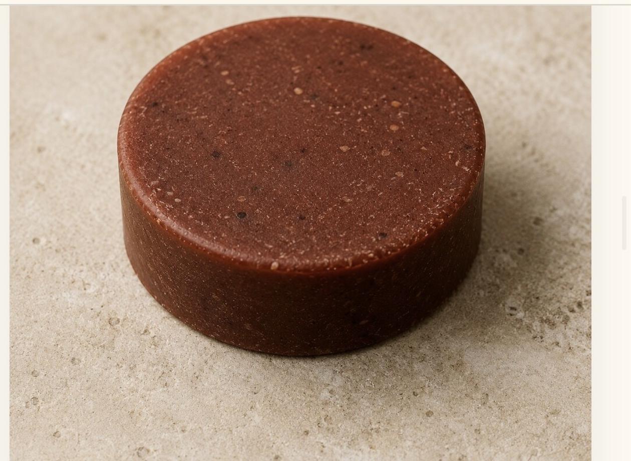 Hibiscus, Fenugreek & Flaxseed Shampoo Bar — round, deep reddish-brown