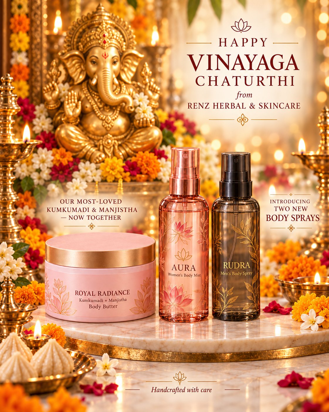 Happy Vinayaga Chaturthi from RENZ Herbal & Skincare — Royal Radiance Body Butter, AURA Women's Body Mist, and RUDRA Men's Body Spray