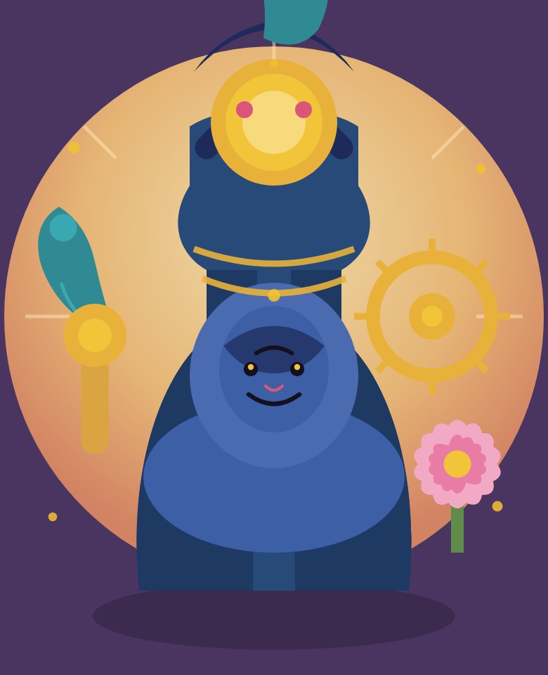 Illustration of Lord Vishnu, blue-skinned and four-armed, wearing a golden crown and holding a conch shell, a discus, a mace and a lotus flower, seated before a glowing golden halo